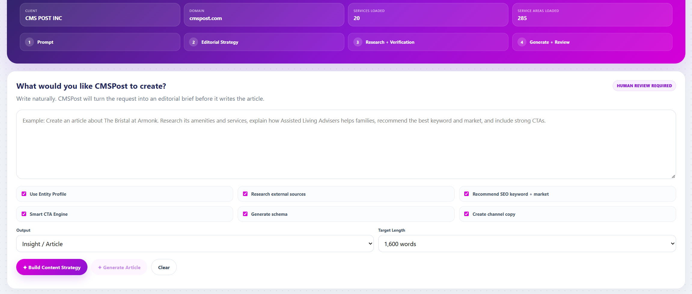 CMSPost AI Content Engine editorial workspace with entity-aware strategy, research, SEO settings, and draft review