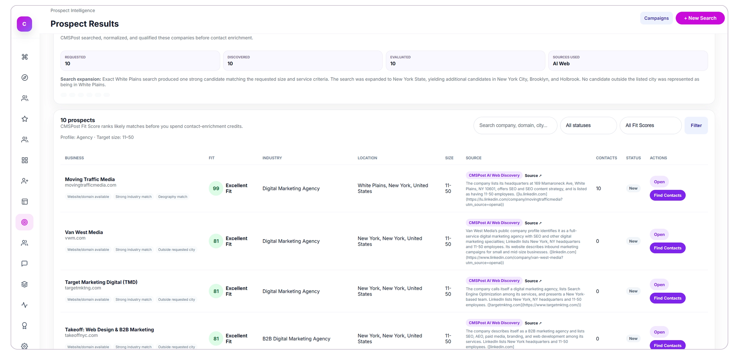CMSPost Prospect Intelligence find prospects, Daily Queue, campaigns, saved prospects, opportunities, client email, and data provider workflow