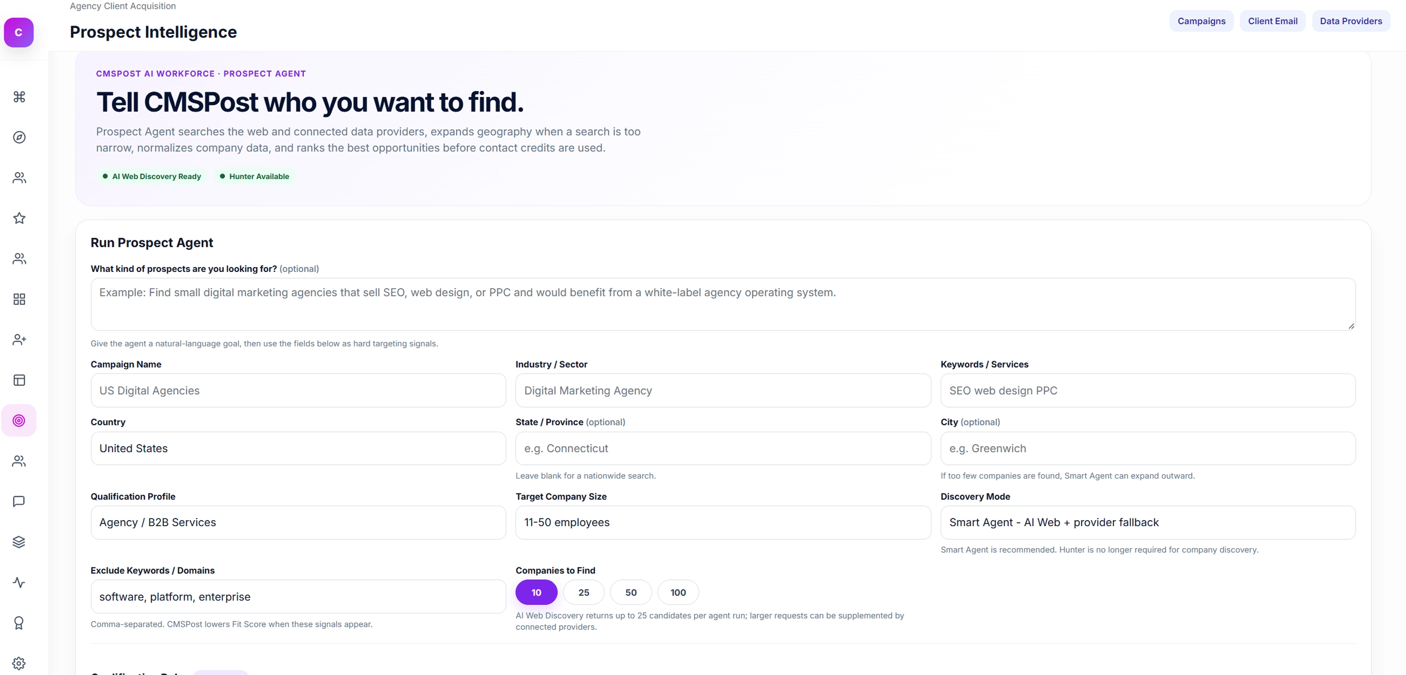 CMSPost Prospect Intelligence workflow for finding prospects, daily queues, campaigns, saved prospects, opportunities, email, and data providers