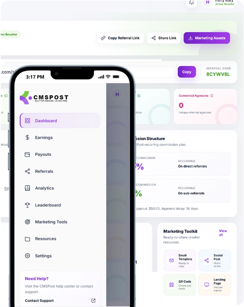 CMSPost Partner Program dashboard for referrals, earnings, and payouts