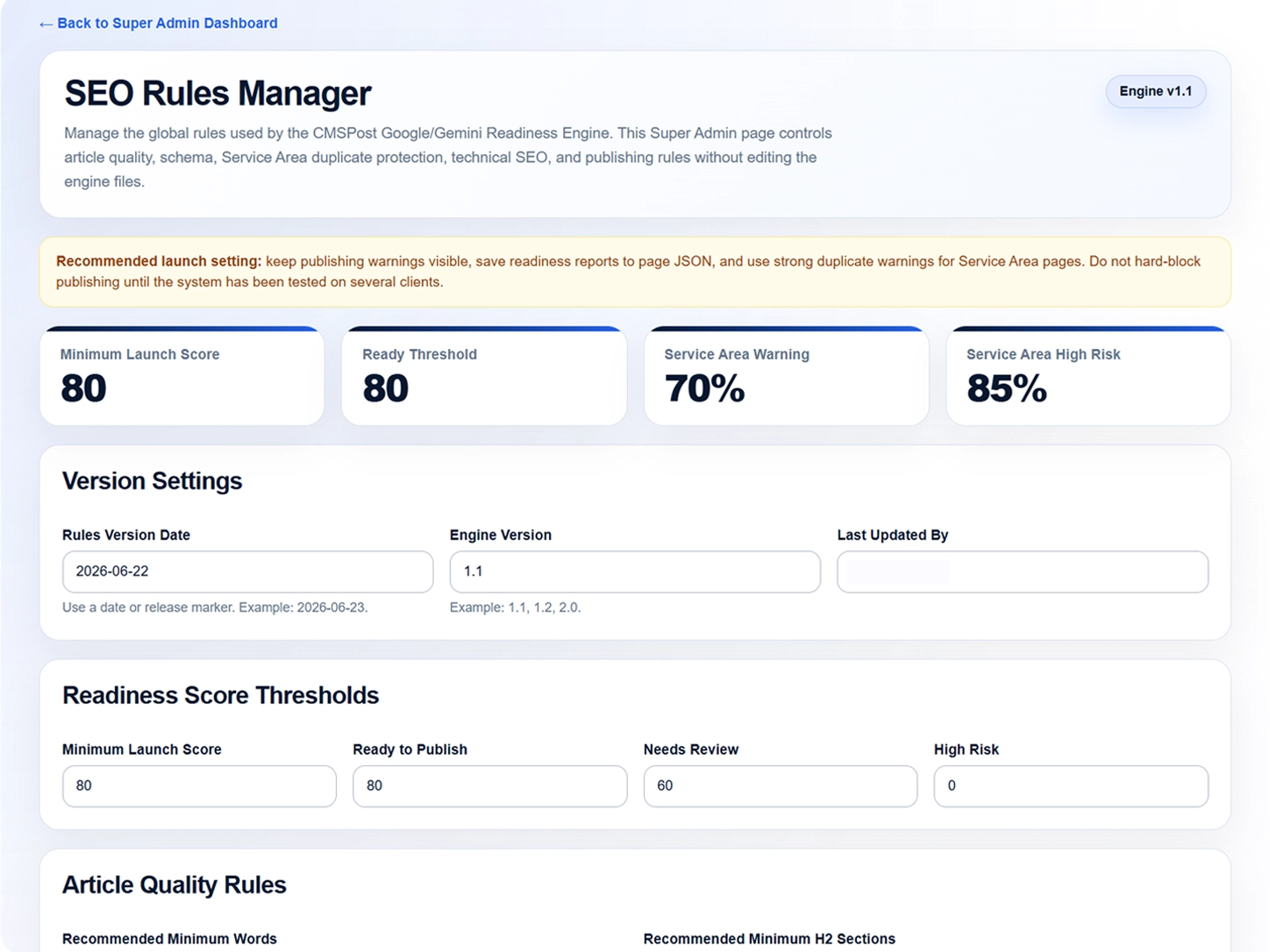 CMSPost SEO Rules Manager showing centralized content, metadata, schema, heading, keyword, and internal linking standards