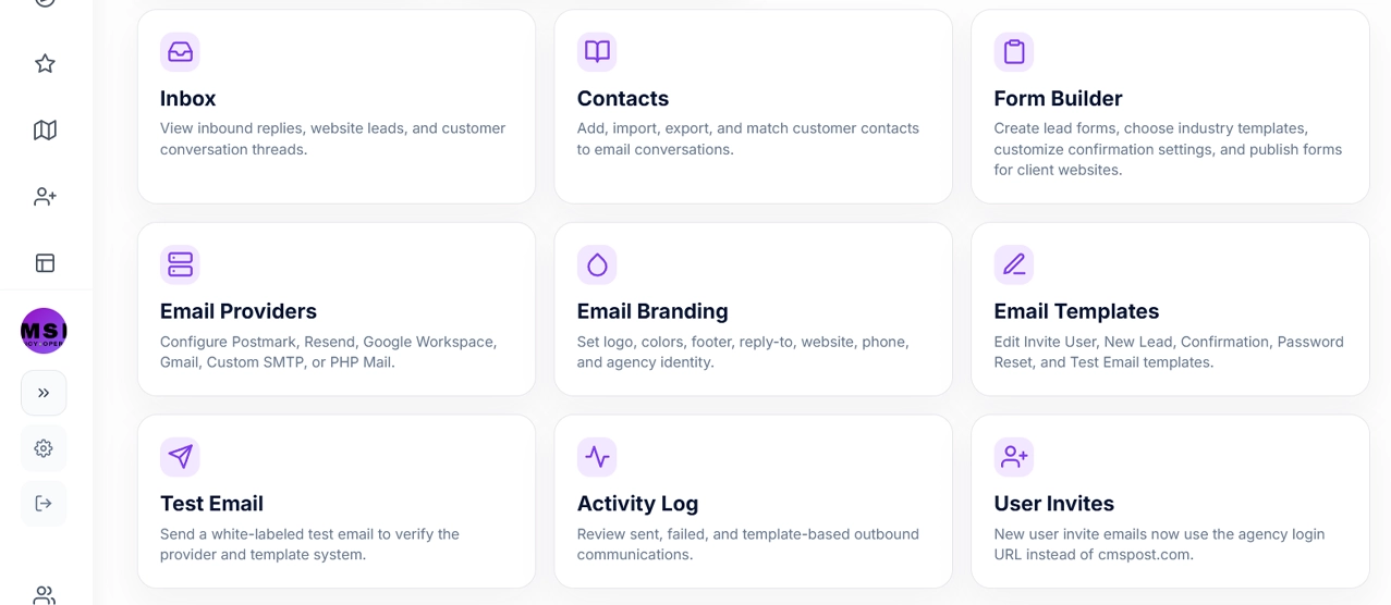CMSPost Communications Center with client conversations, contacts, notifications, and connected workflows