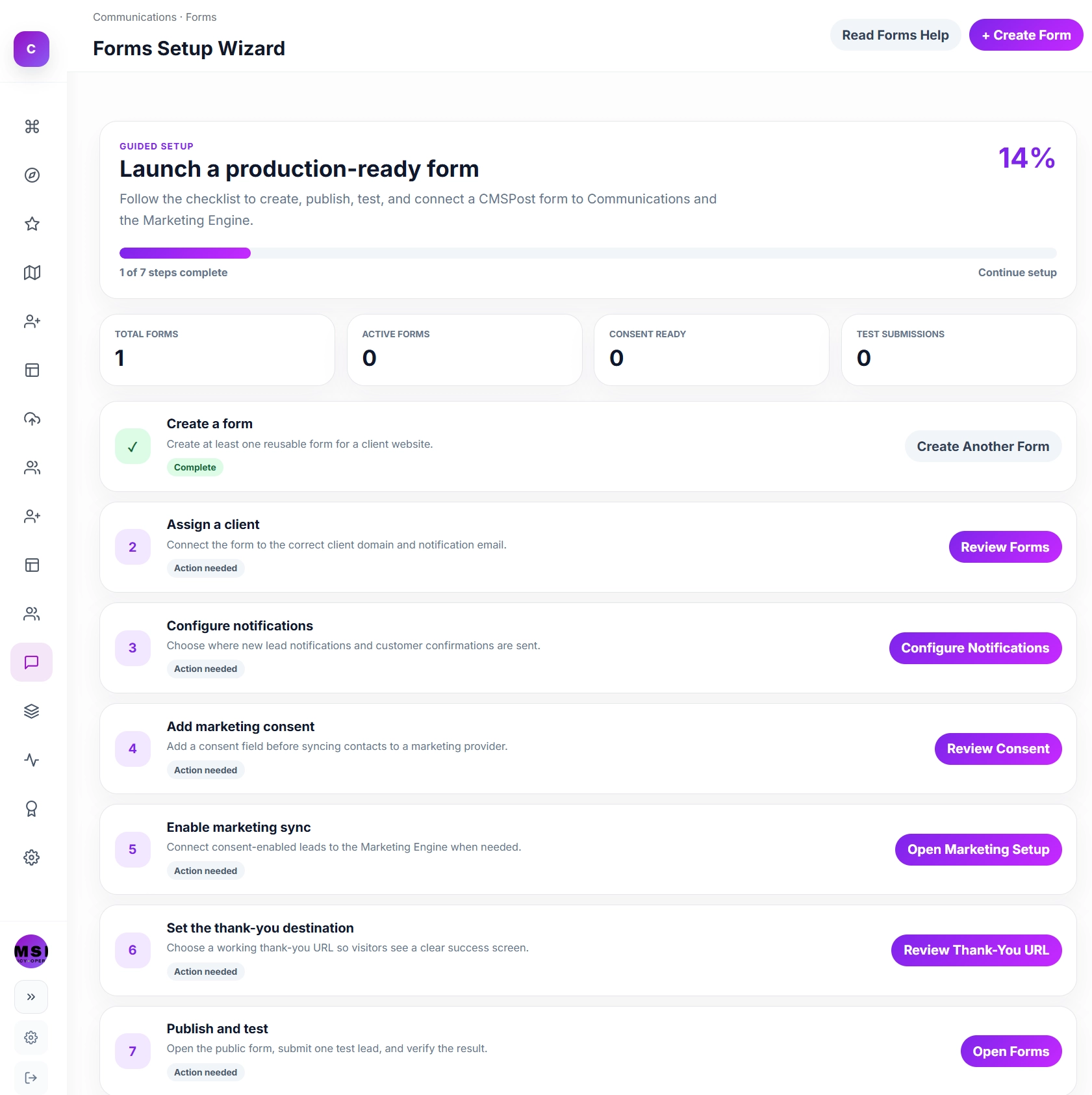 CMSPost client workspace with forms and lead capture context