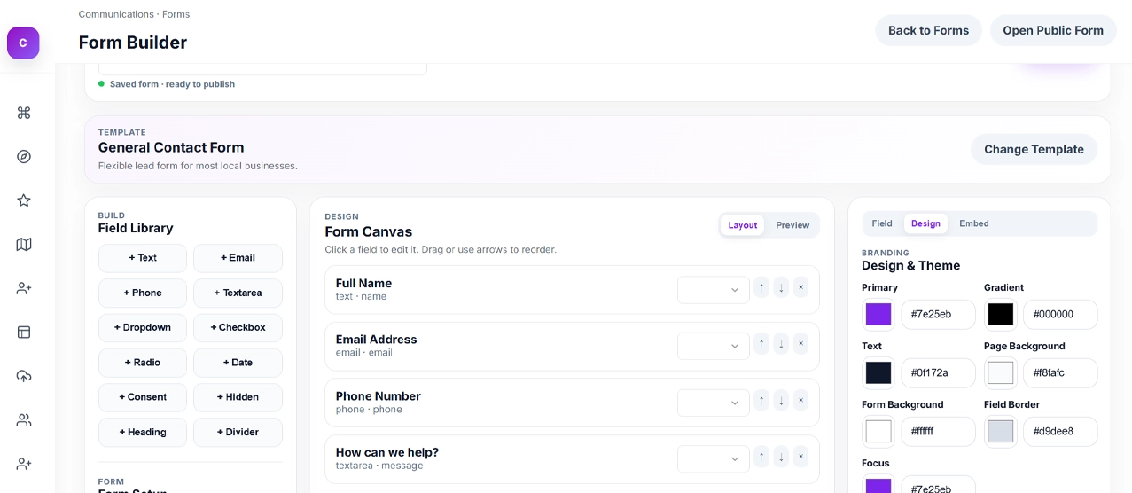 CMSPost forms and lead capture workflow inside the agency platform