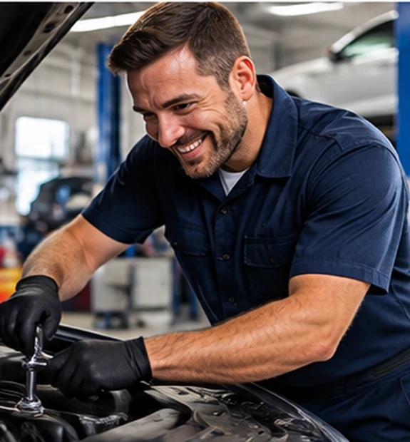Automotive mechanic repairing a vehicle in a workshop