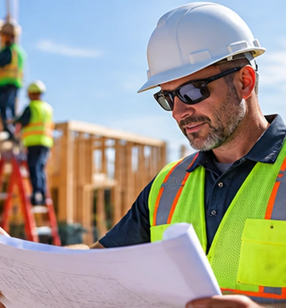 Construction site supervisor reviewing blueprints at a building project