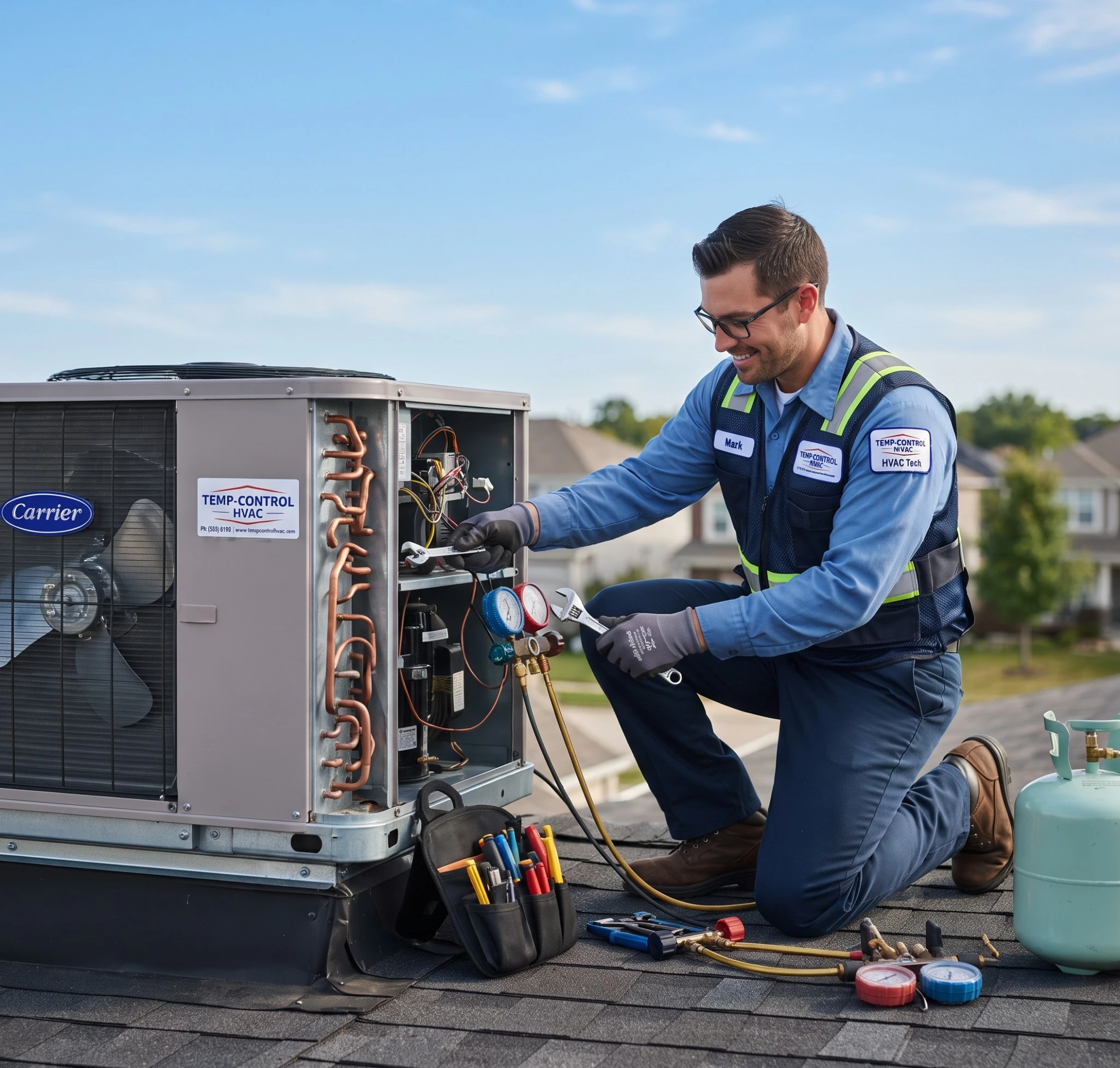 HVAC technician servicing an air conditioning unit