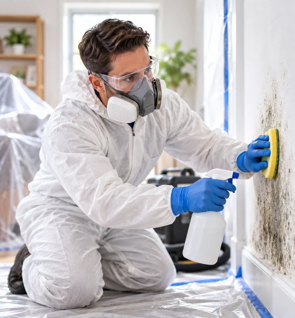 Mold remediation technician cleaning a contaminated wall using protective equipment