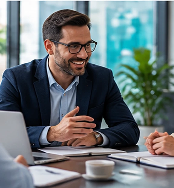 Business professionals meeting with a consultant in an office