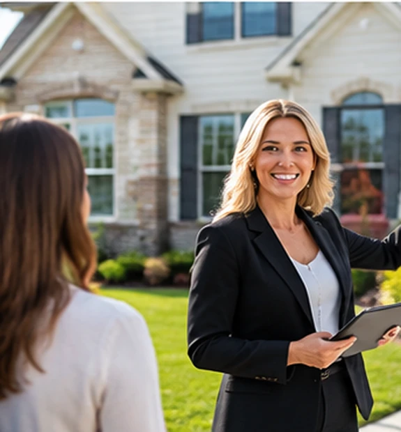 Real estate agent introducing prospective buyers to a home