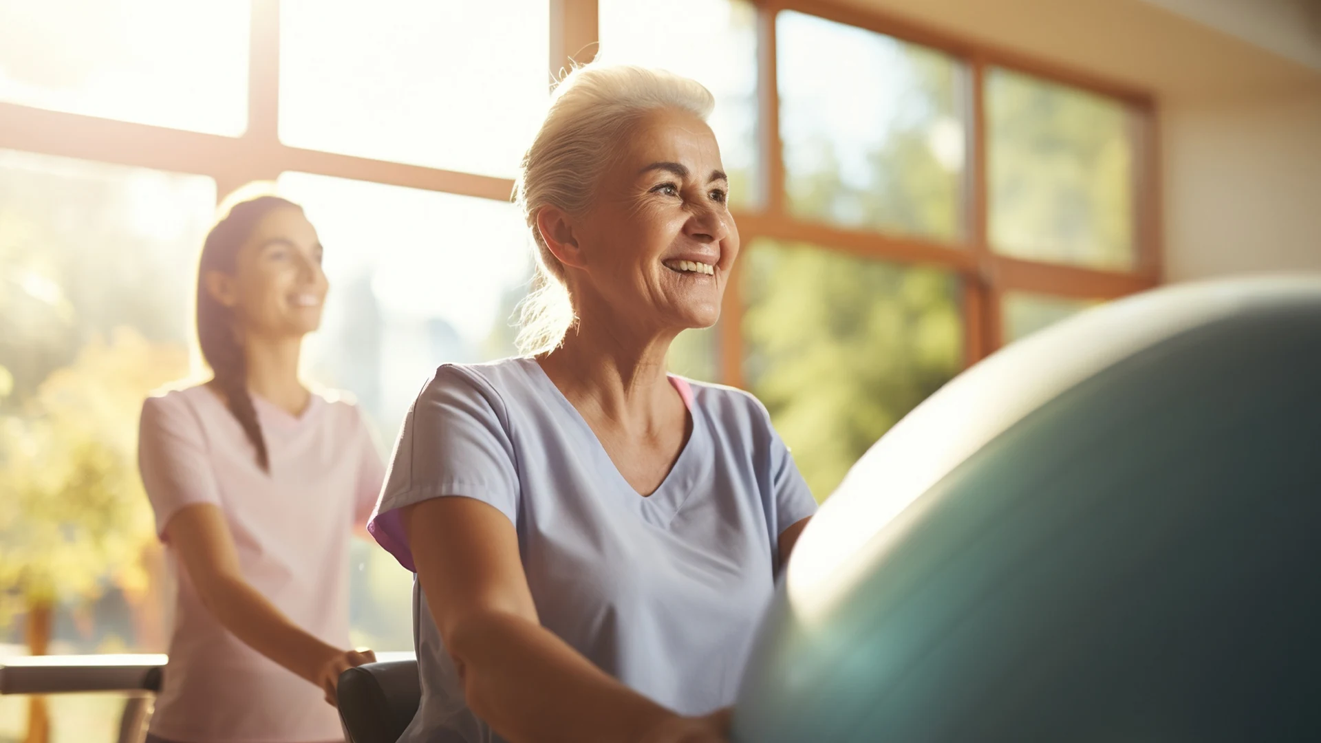 Smiling older woman enjoying a bright senior living community with a caregiver nearby