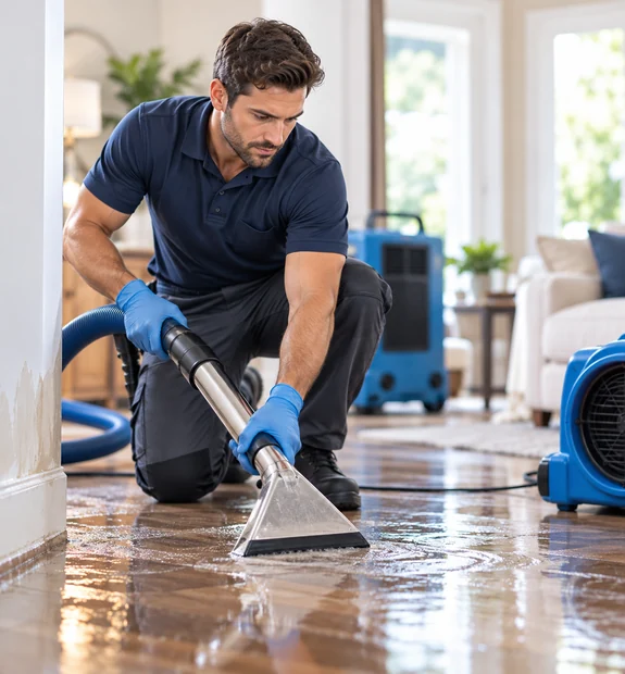 Water damage restoration specialist extracting water from a flooded floor