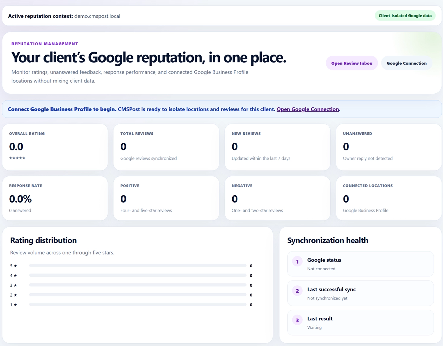 CMSPost protected client workspace for review and reputation activity