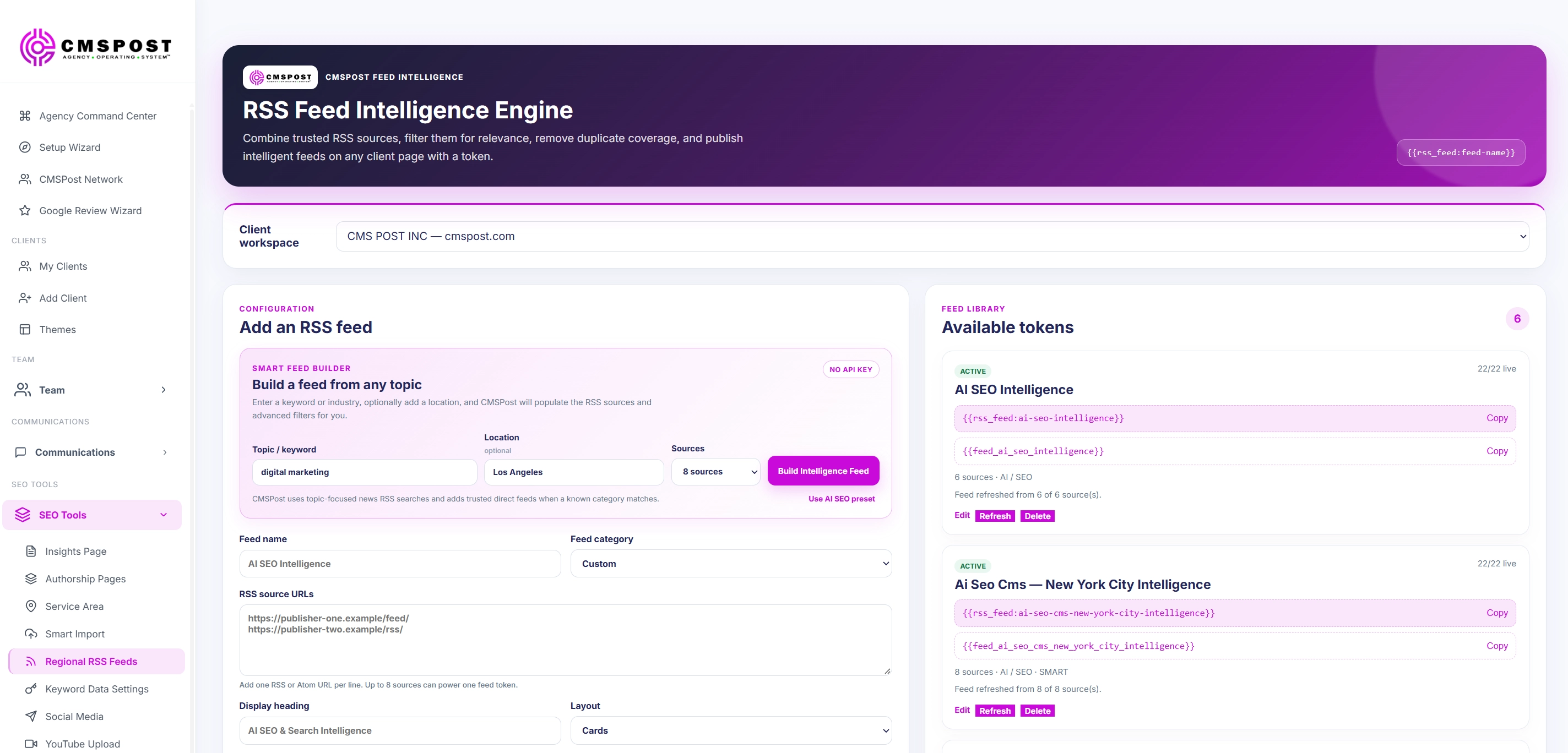 CMSPost RSS Feed Intelligence workflow for topics, locations, trusted sources, filters, duplicate protection, and reusable feed tokens