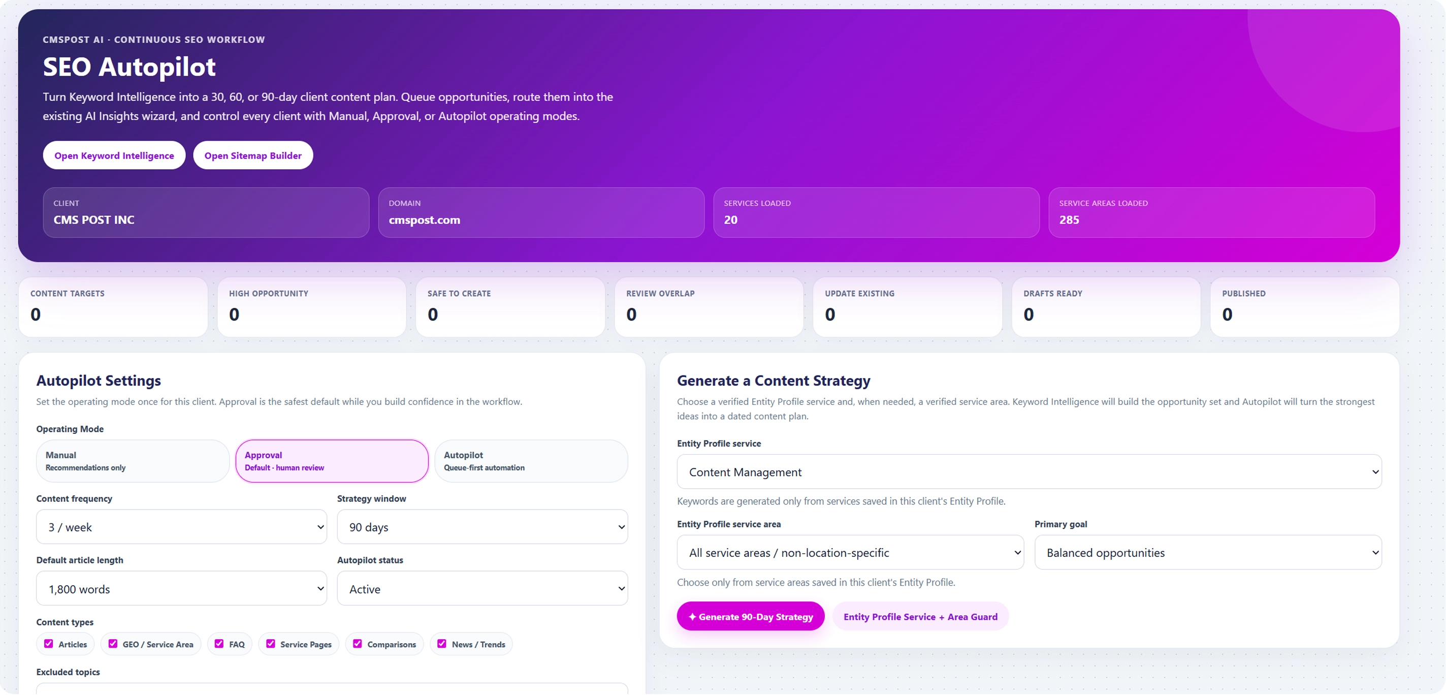 CMSPost SEO Autopilot content strategy, keyword opportunity, approval, and publishing workflow