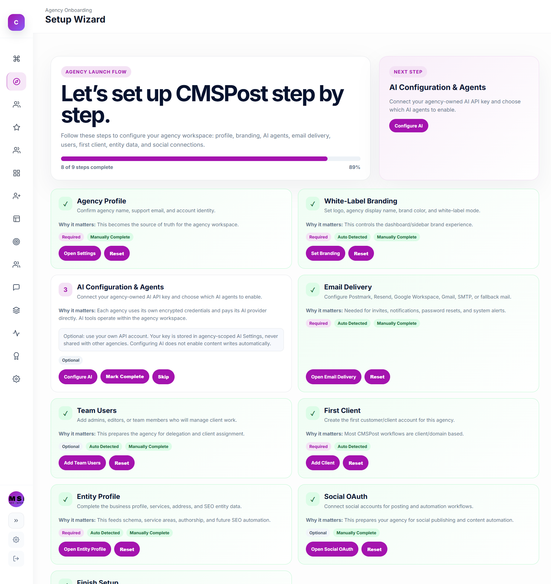 CMSPost agency dashboard showing multi-client website and content workflows