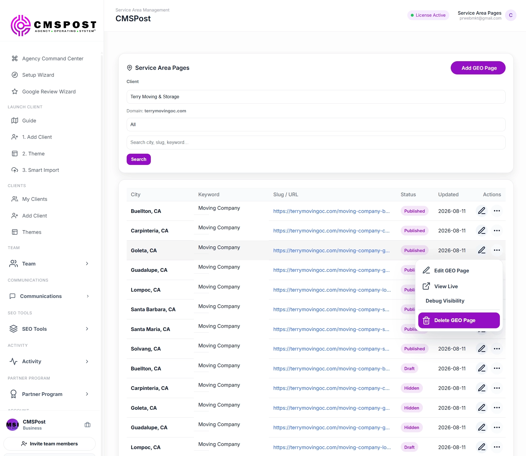 CMSPost client workspace with local service areas and publishing settings