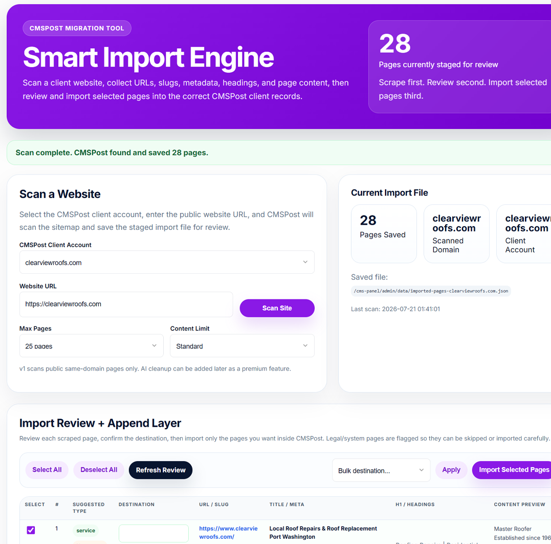 CMSPost Smart Import Engine for scanning and reviewing an existing client website