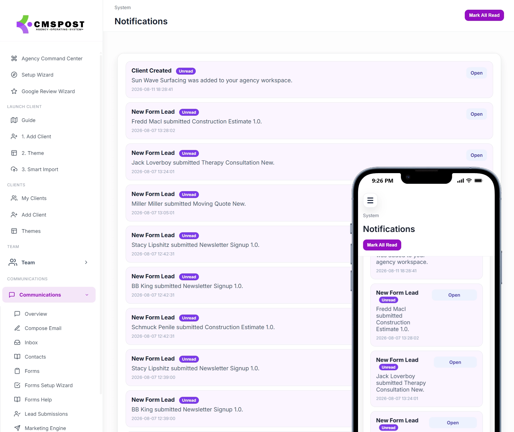 CMSPost protected client workspace connecting contacts, communications, content, social accounts, and reputation